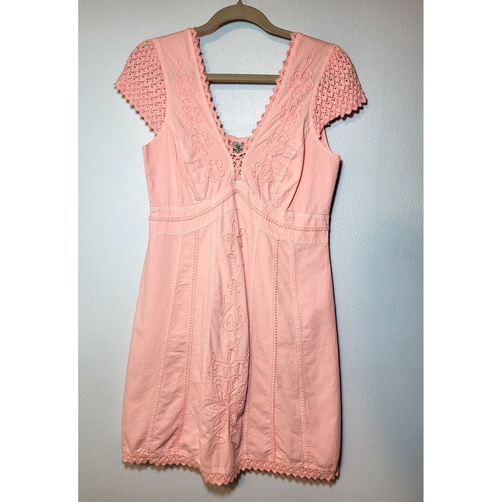 ISA Peach Babydoll Dress VNeck Embroidered Crochet Cap Sleeve Smocked Medium Y2K